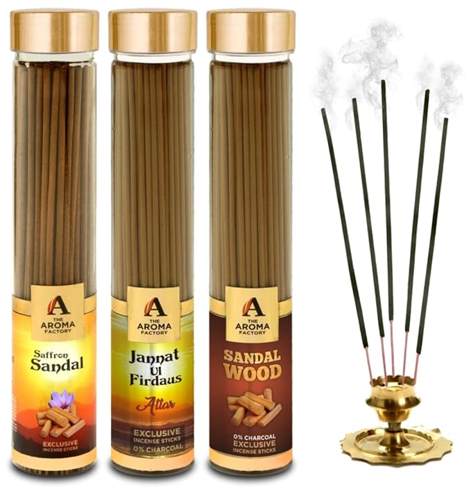 The Aroma Factory Kesar Chandan Saffron Sandal, Attar Jannat Ul Firdaus & Sandalwood Chandan Incense Stick Agarbatti (Zero Charcoal & 100% Herbal) Bottle Pack of 3 x 100