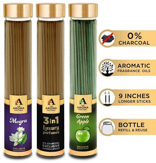 The Aroma Factory Mogra, 3 in 1 & Green Apple Incense Stick Agarbatti (Zero Charcoal & 100% Herbal) Bottle Pack of 3 x 100