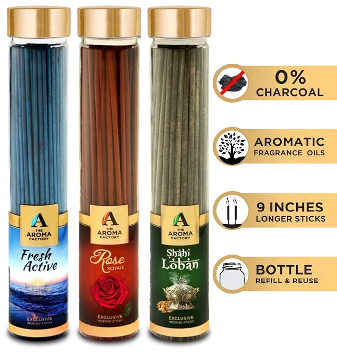 The Aroma Factory Fresh Active, Rose & Loban Incense Stick Agarbatti (Zero Charcoal & 100% Herbal) Bottle Pack of 3 x 100