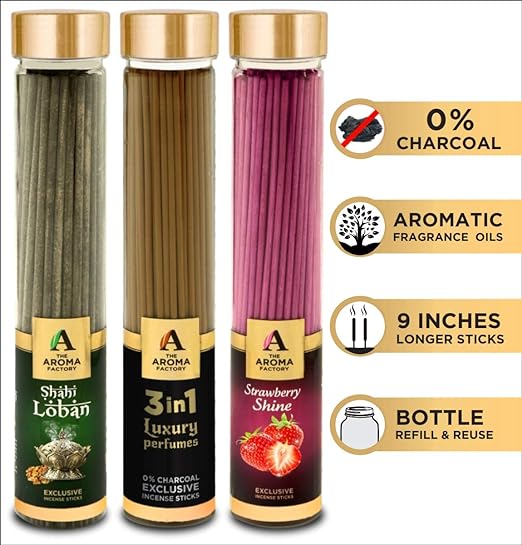 The Aroma Factory Loban, 3 in 1 & Strawberry Incense Stick Agarbatti (Zero Charcoal & 100% Herbal) Bottle Pack of 3 x 100
