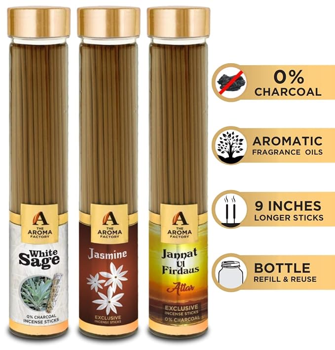 The Aroma Factory White Sage, Jasmine & Attar Jannat Ul Firdaus Incense Stick Agarbatti (Zero Charcoal & 100% Herbal) Bottle Pack of 3 x 100