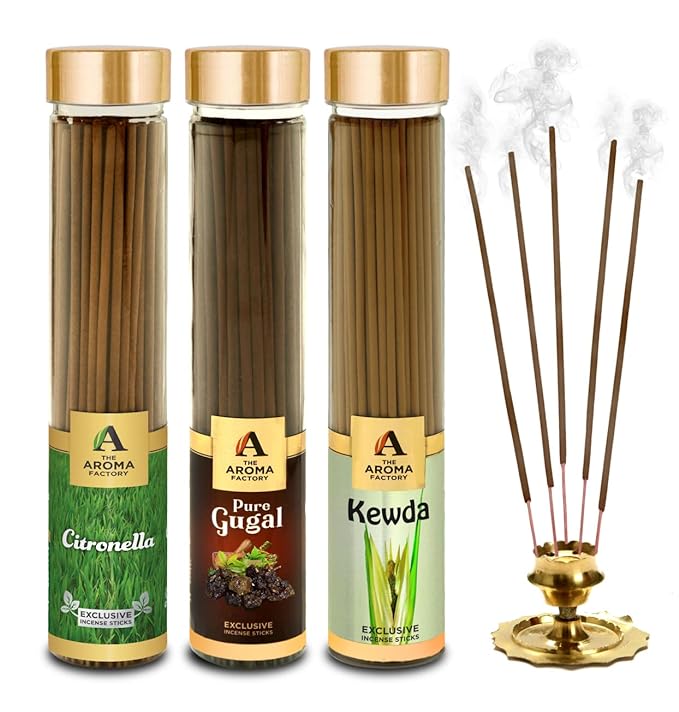 The Aroma Factory Gugal, Kewda & Citronella Incense Stick Agarbatti (Zero Charcoal & 100% Herbal) Bottle Pack of 3 x 100