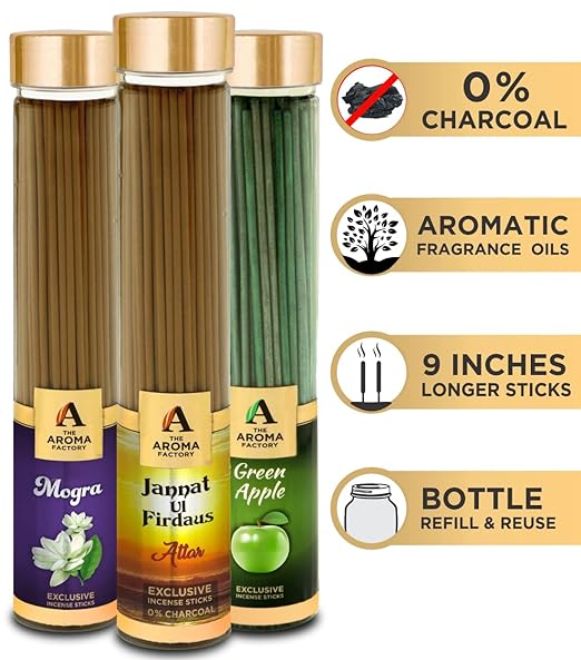The Aroma Factory Mogra, Attar Jannat Ul Firdaus & Green Apple Incense Stick Agarbatti (Zero Charcoal & 100% Herbal) Bottle Pack of 3 x 100