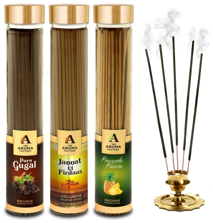 The Aroma Factory Gugal, Attar Jannat Ul Firdaus & Pineapple Incense Stick Agarbatti (Zero Charcoal & 100% Herbal) Bottle Pack of 3 x 100