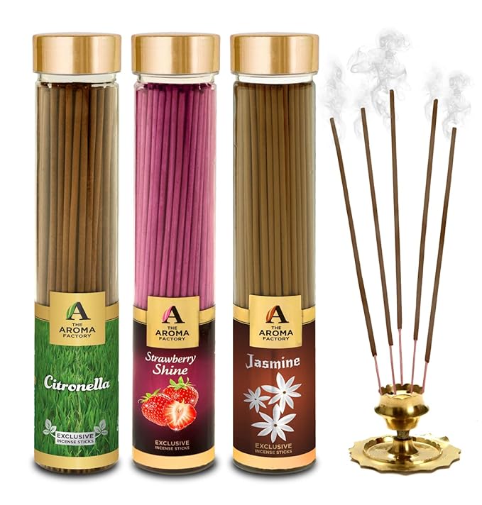 The Aroma Factory Strawberry, Citronella & Jasmine Incense Stick Agarbatti (Zero Charcoal & 100% Herbal) Bottle Pack of 3 x 100