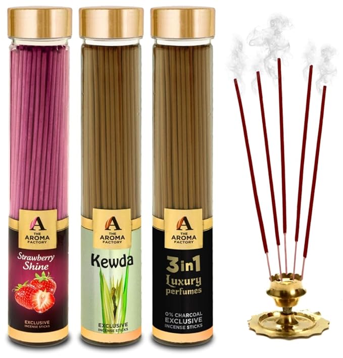 The Aroma Factory Strawberry, 3 in 1 & Kewda Incense Stick Agarbatti (Zero Charcoal & 100% Herbal) Bottle Pack of 3 x 100