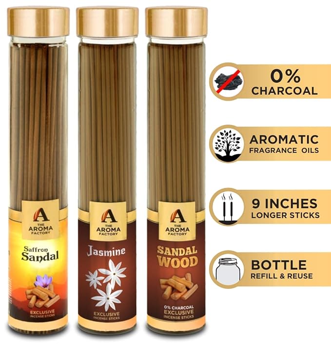The Aroma Factory Kesar Chandan Saffron Sandal, Jasmine & Sandalwood Chandan Incense Stick Agarbatti (Zero Charcoal & 100% Herbal) Bottle Pack of 3 x 100