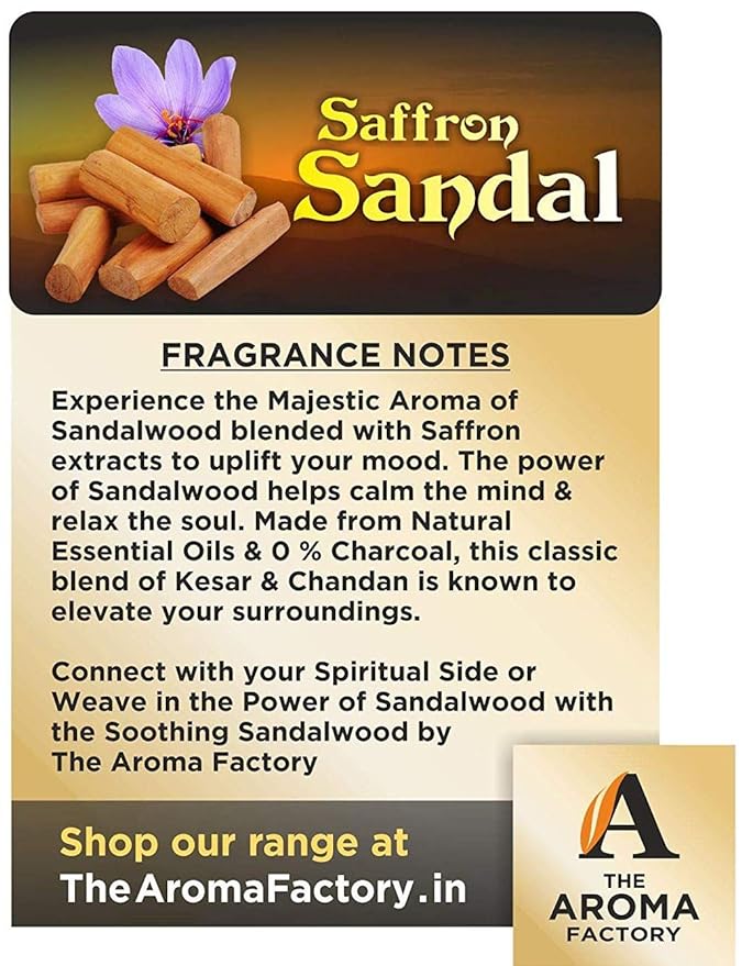 The Aroma Factory Kesar Chandan Saffron Sandal, Jasmine & Sandalwood Chandan Incense Stick Agarbatti (Zero Charcoal & 100% Herbal) Bottle Pack of 3 x 100