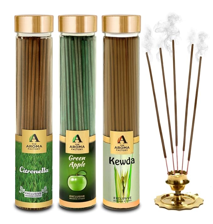 The Aroma Factory Green Apple, Citronella & Kewda Incense Stick Agarbatti (Zero Charcoal & 100% Herbal) Bottle Pack of 3 x 100