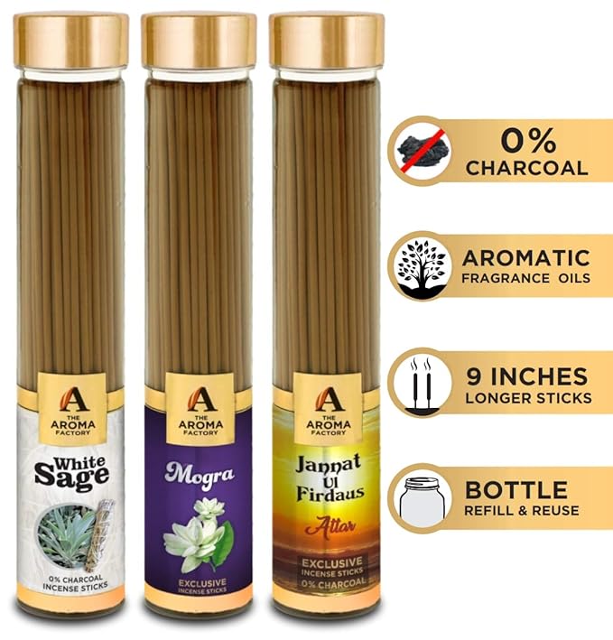 The Aroma Factory White Sage, Mogra & Attar janant Ul Firdaus Incense Stick Agarbatti (Zero Charcoal & 100% Herbal) Bottle Pack of 3 x 100