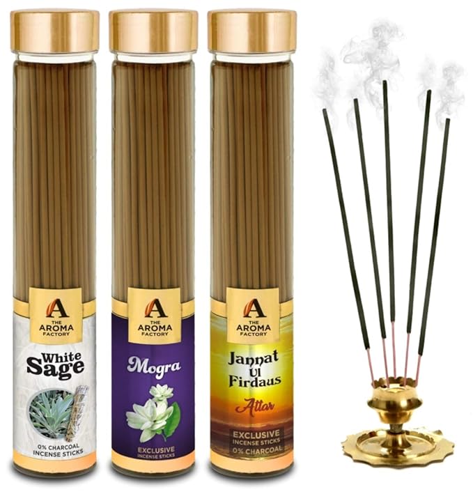 The Aroma Factory White Sage, Mogra & Attar janant Ul Firdaus Incense Stick Agarbatti (Zero Charcoal & 100% Herbal) Bottle Pack of 3 x 100