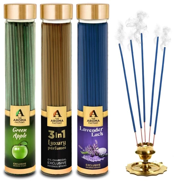 The Aroma Factory Green Apple, 3 in 1 & Lavender Incense Stick Agarbatti (Zero Charcoal & 100% Herbal) Bottle Pack of 3 x 100