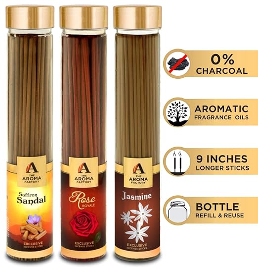 The Aroma Factory Kesar Chandan Saffron Sandal, Rose & Jasmine Incense Stick Agarbatti (Zero Charcoal & 100% Herbal) Bottle Pack of 3 x 100