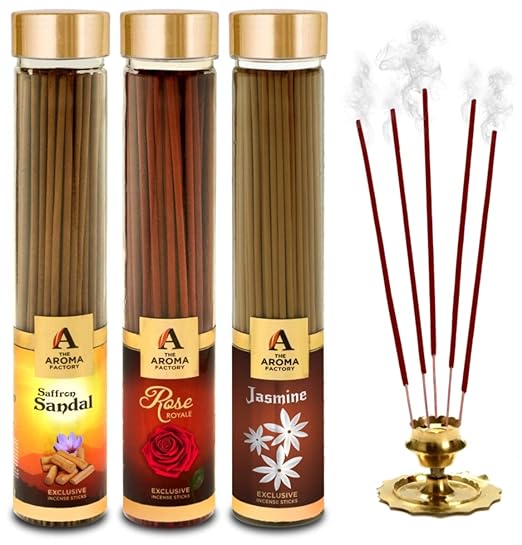 The Aroma Factory Kesar Chandan Saffron Sandal, Rose & Jasmine Incense Stick Agarbatti (Zero Charcoal & 100% Herbal) Bottle Pack of 3 x 100