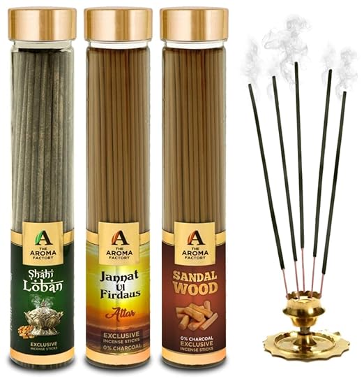 The Aroma Factory Loban, Attar Jannat Ul Firdaus & Sandalwood Chandan Incense Stick Agarbatti (Zero Charcoal & 100% Herbal) Bottle Pack of 3 x 100