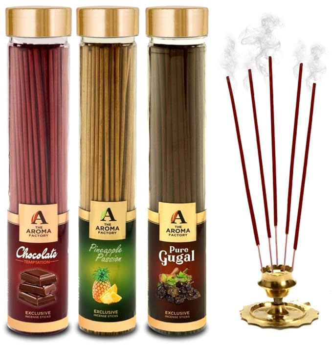 The Aroma Factory Chocolate, Pineapple & Gugal Incense Stick Agarbatti (Zero Charcoal & 100% Herbal) Bottle Pack of 3 x 100