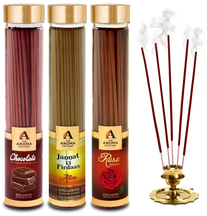 The Aroma Factory Chocolate, Attar Jannat Ul Firdaus & Rose Incense Stick Agarbatti (Zero Charcoal & 100% Herbal) Bottle Pack of 3 x 100