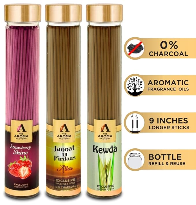 The Aroma Factory Strawberry, Attar Jannat Ul Firdaus & Kewda Incense Stick Agarbatti (Zero Charcoal & 100% Herbal) Bottle Pack of 3 x 100