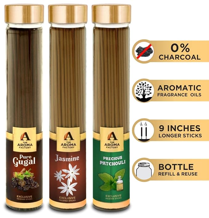 The Aroma Factory Gugal, Jasmine & Precious Patchouli Incense Stick Agarbatti (Zero Charcoal & 100% Herbal) Bottle Pack of 3 x 100