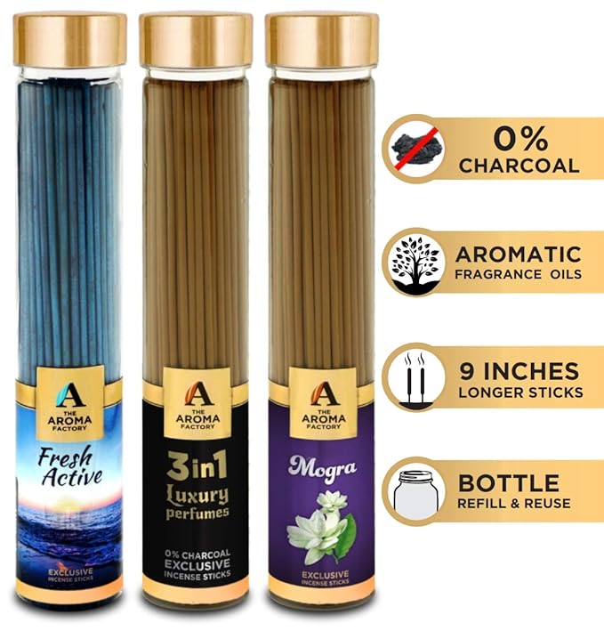 The Aroma Factory Fresh Active, 3 in 1 & Mogra Incense Stick Agarbatti (Zero Charcoal & 100% Herbal) Bottle Pack of 3 x 100