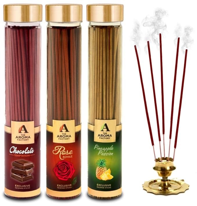The Aroma Factory Chocolate, Rose &Pineapple Incense Stick Agarbatti (Zero Charcoal & 100% Herbal) Bottle Pack of 3 x 100