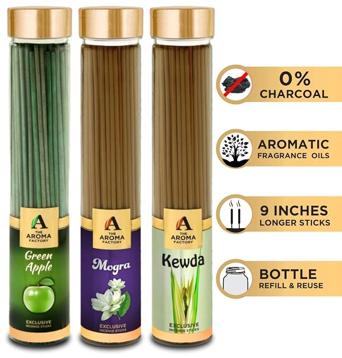The Aroma Factory Green Apple, Fresh Mogra & Kewda Incense Stick Agarbatti (Zero Charcoal & 100% Herbal) Bottle Pack of 3 x 100