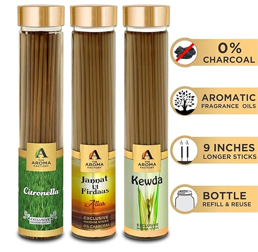 The Aroma Factory Citronella, Kewda & Attar Jannat Ul Firdaus Incense Stick Agarbatti (Zero Charcoal & 100% Herbal) Bottle Pack of 3 x 100