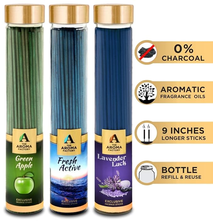 The Aroma Factory Green Apple, Fresh Active & Lavender Incense Stick Agarbatti (Zero Charcoal & 100% Herbal) Bottle Pack of 3 x 100