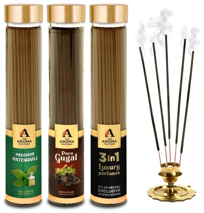The Aroma Factory Patchouli, Gugal & 3 in 1 Incense Stick Agarbatti (Zero Charcoal & 100% Herbal) Bottle Pack of 3 x 100