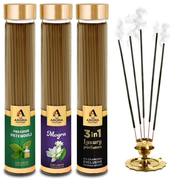 The Aroma Factory Patchouli, Mogra & 3 in 1 Incense Stick Agarbatti (Zero Charcoal & 100% Herbal) Bottle Pack of 3 x 100