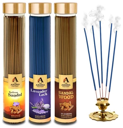 The Aroma Factory Kesar Chandan Saffron Sandal, Lavender & Sandalwood Chandan Incense Stick Agarbatti (Zero Charcoal & 100% Herbal) Bottle Pack of 3 x 100