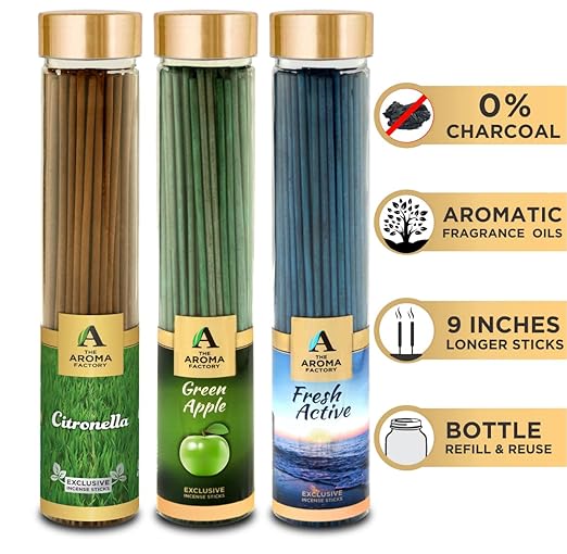 The Aroma Factory Citronella, Green Apple & Fresh Active Incense Stick Agarbatti (Zero Charcoal & 100% Herbal) Bottle Pack of 3 x 100