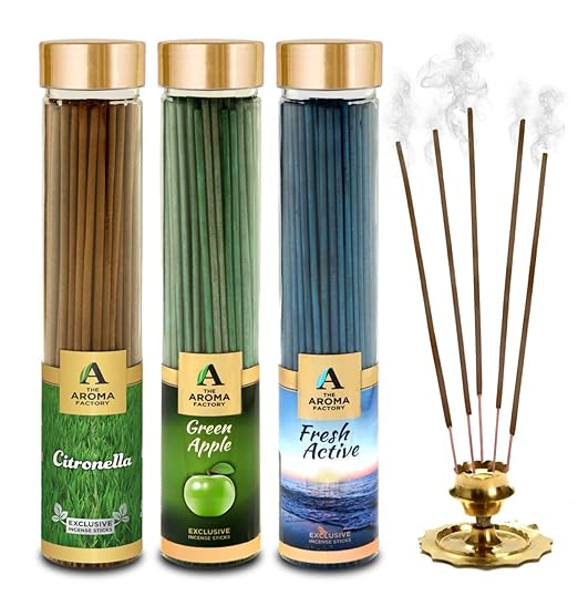 The Aroma Factory Citronella, Green Apple & Fresh Active Incense Stick Agarbatti (Zero Charcoal & 100% Herbal) Bottle Pack of 3 x 100