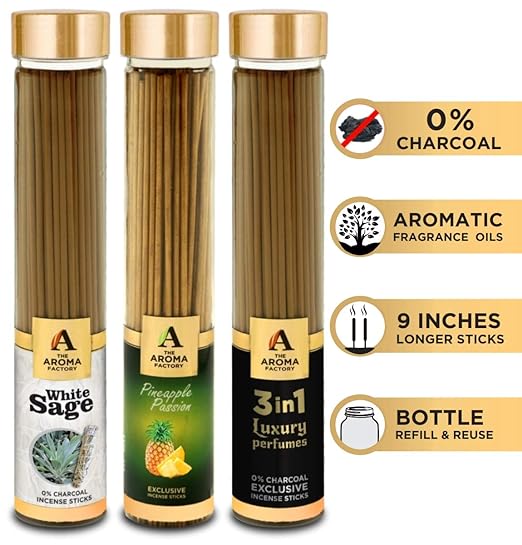 The Aroma Factory White Sage, Pineapple & 3 in 1 Incense Stick Agarbatti (Zero Charcoal & 100% Herbal) Bottle Pack of 3 x 100