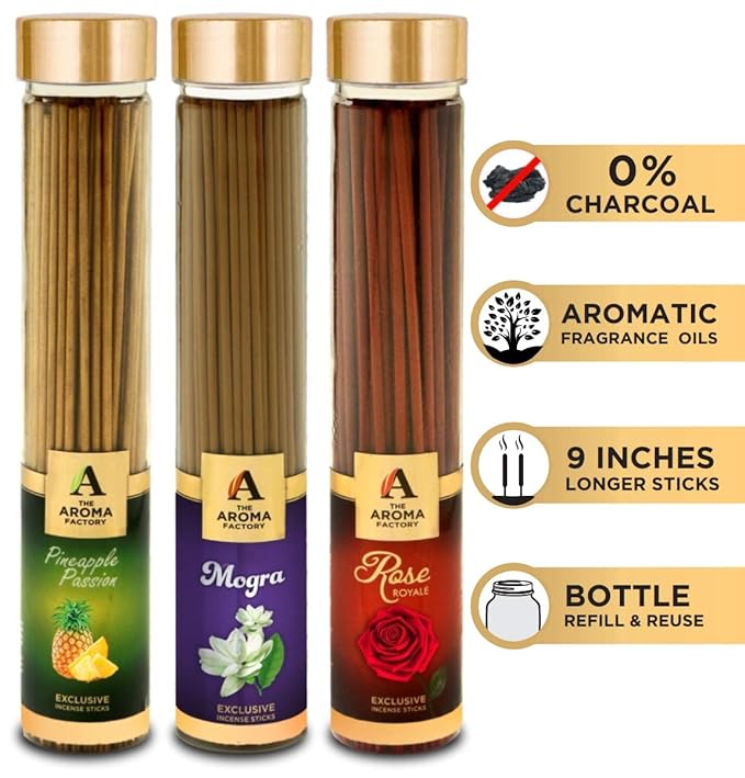 The Aroma Factory Pineapple, Mogra & Rose Incense Stick Agarbatti (Zero Charcoal & 100% Herbal) Bottle Pack of 3 x 100