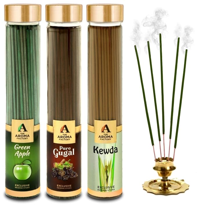The Aroma Factory Green Apple, Gugal & Kewda Incense Stick Agarbatti (Zero Charcoal & 100% Herbal) Bottle Pack of 3 x 100