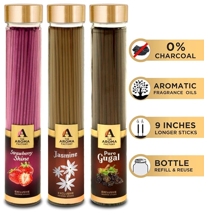 The Aroma Factory Strawberry, Gugal & Jasmine Incense Stick Agarbatti (Zero Charcoal & 100% Herbal) Bottle Pack of 3 x 100