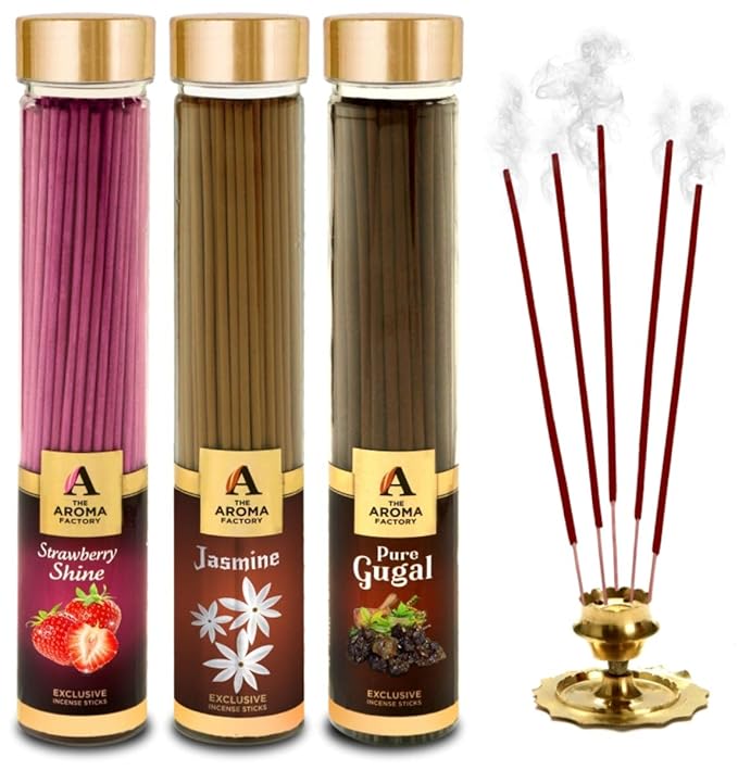 The Aroma Factory Strawberry, Gugal & Jasmine Incense Stick Agarbatti (Zero Charcoal & 100% Herbal) Bottle Pack of 3 x 100