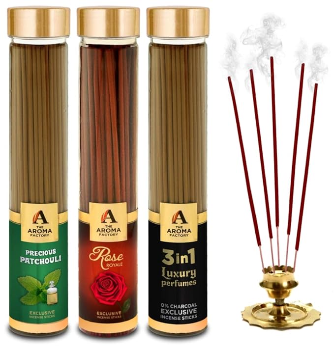The Aroma Factory Patchouli, Rose & 3 in 1 Incense Stick Agarbatti (Zero Charcoal & 100% Herbal) Bottle Pack of 3 x 100