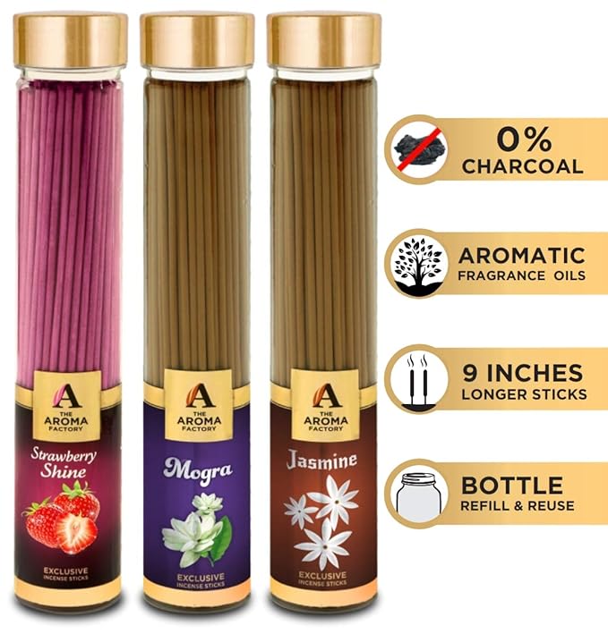 The Aroma Factory Strawberry, Mogra & Jasmine Incense Stick Agarbatti (Zero Charcoal & 100% Herbal) Bottle Pack of 3 x 100