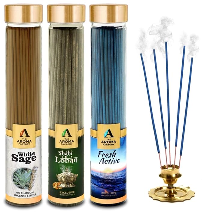 The Aroma Factory White Sage, Loban & Fresh Active Incense Stick Agarbatti (Zero Charcoal & 100% Herbal) Bottle Pack of 3 x 100