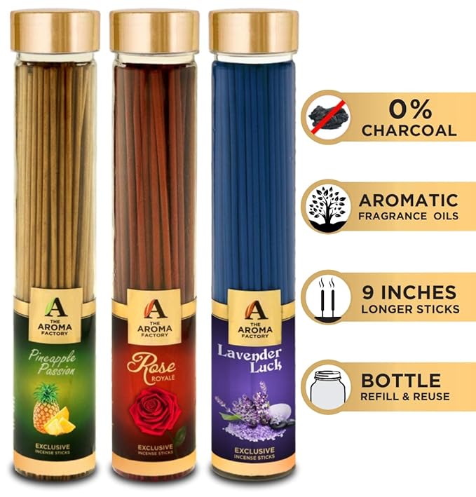 The Aroma Factory Pineapple, Lavender & Rose Incense Stick Agarbatti (Zero Charcoal & 100% Herbal) Bottle Pack of 3 x 100