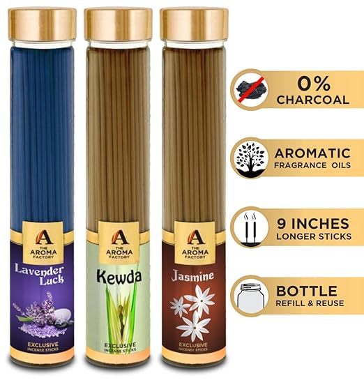 The Aroma Factory Lavender, Kewda & Jasmine Incense Stick Agarbatti (Zero Charcoal & 100% Herbal) Bottle Pack of 3 x 100