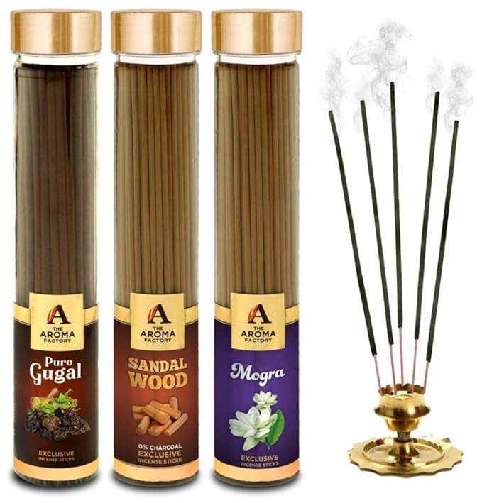 The Aroma Factory Gugal, Sandalwood Chandan & Mogra Incense Stick Agarbatti (Zero Charcoal & 100% Herbal) Bottle Pack of 3 x 100