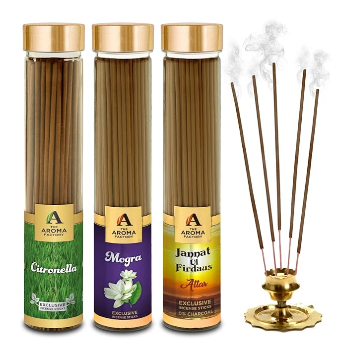 The Aroma Factory Citronella, Mogra & Attar Jannat Ul Firdaus Incense Stick Agarbatti (Zero Charcoal & 100% Herbal) Bottle Pack of 3 x 100