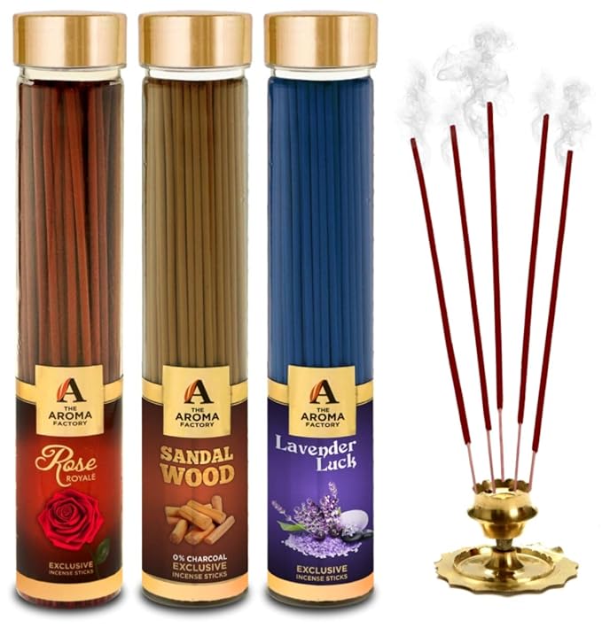 The Aroma Factory Rose Royal, Sandalwood Chandan & Lavender Incense Stick Agarbatti (Zero Charcoal & 100% Herbal) Bottle Pack of 3 x 100