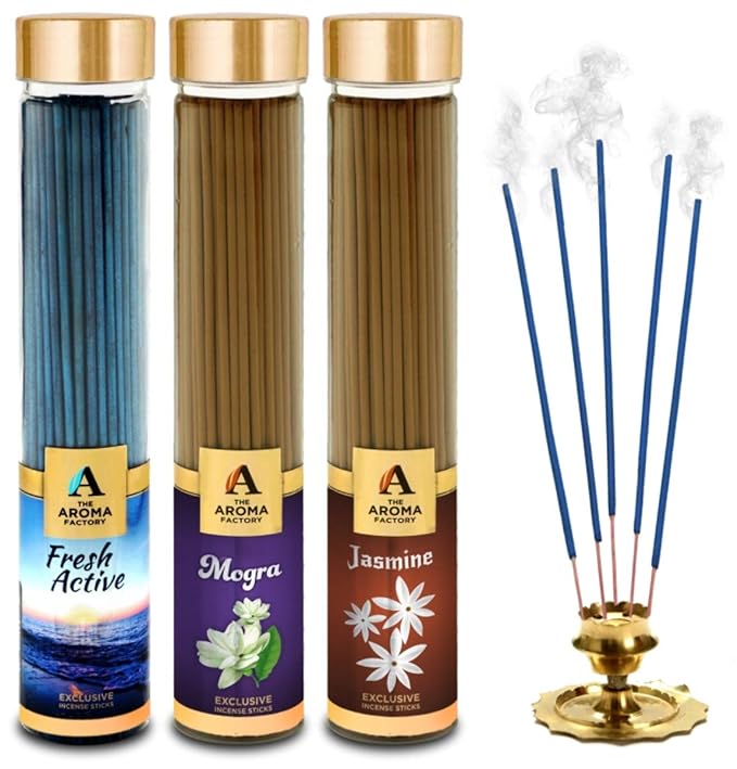 The Aroma Factory Fresh Active, Jasmine & Mogra Incense Stick Agarbatti (Zero Charcoal & 100% Herbal) Bottle Pack of 3 x 100