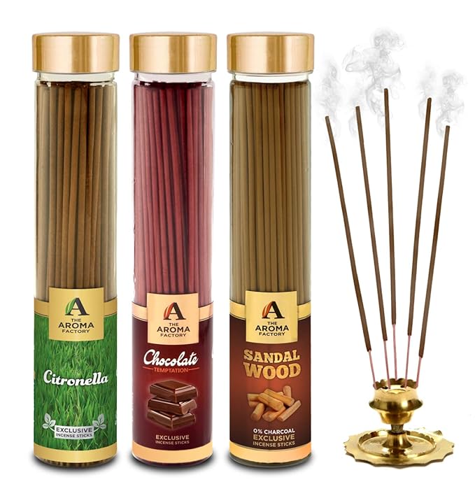 The Aroma Factory Chocolate, Sandalwood Chandan & Citronella Incense Stick Agarbatti (Zero Charcoal & 100% Herbal) Bottle Pack of 3 x 100