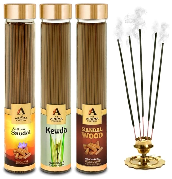 The Aroma Factory Kesar Chandan Saffron Sandal, Kewda & Sandalwood Chandan Incense Stick Agarbatti (Zero Charcoal & 100% Herbal) Bottle Pack of 3 x 100
