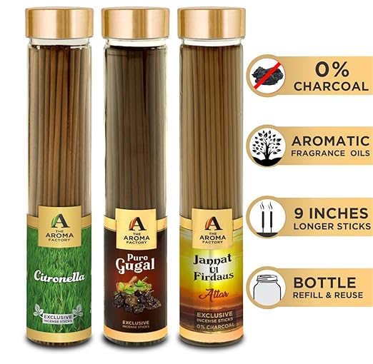 The Aroma Factory Citronella, Gugal & Attar Jannat Ul Firdaus Incense Stick Agarbatti (Zero Charcoal & 100% Herbal) Bottle Pack of 3 x 100